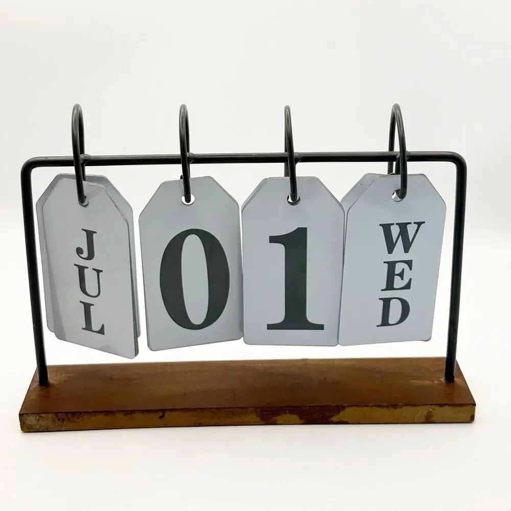 Metal Flip Desk Calendar with Wooden Base Daily Perpetual Home Office Supplies